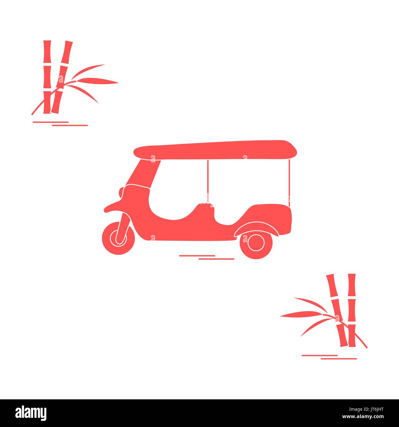 Icône stylisée de tuk-tuk et de bambous. Taxi traditionnel en Thaïlande, en Inde. Pour la conception d'affiches, de bannières ou d'impression. Illustration de Vecteur