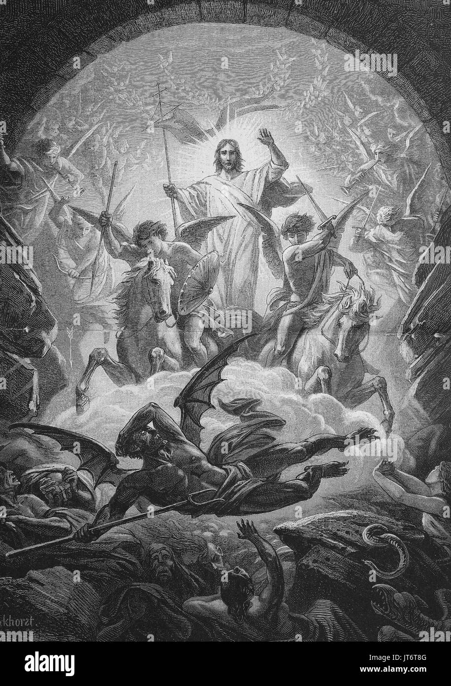 La descente en enfer, le hersage de Hellis la descente triomphale du Christ dans l'enfer entre l'époque de sa crucifixion et sa résurrection, l'amélioration numérique reproduction d'une image publié entre 1880 - 1885 Banque D'Images