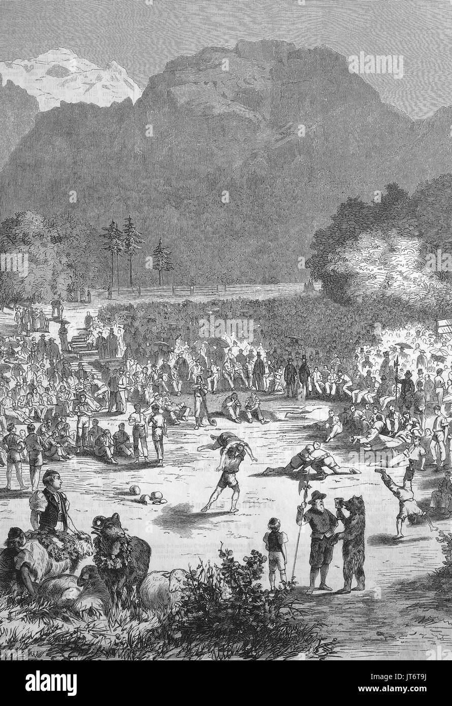 Un Schwingerfest à Interlaken, Suisse, Schwingen également connu sous le nom de Swiss wrestling et Hoselupf, culottes-levage, est un style de lutte folk originaire de Suisse, l'amélioration numérique reproduction d'une image publié entre 1880 - 1885 Banque D'Images