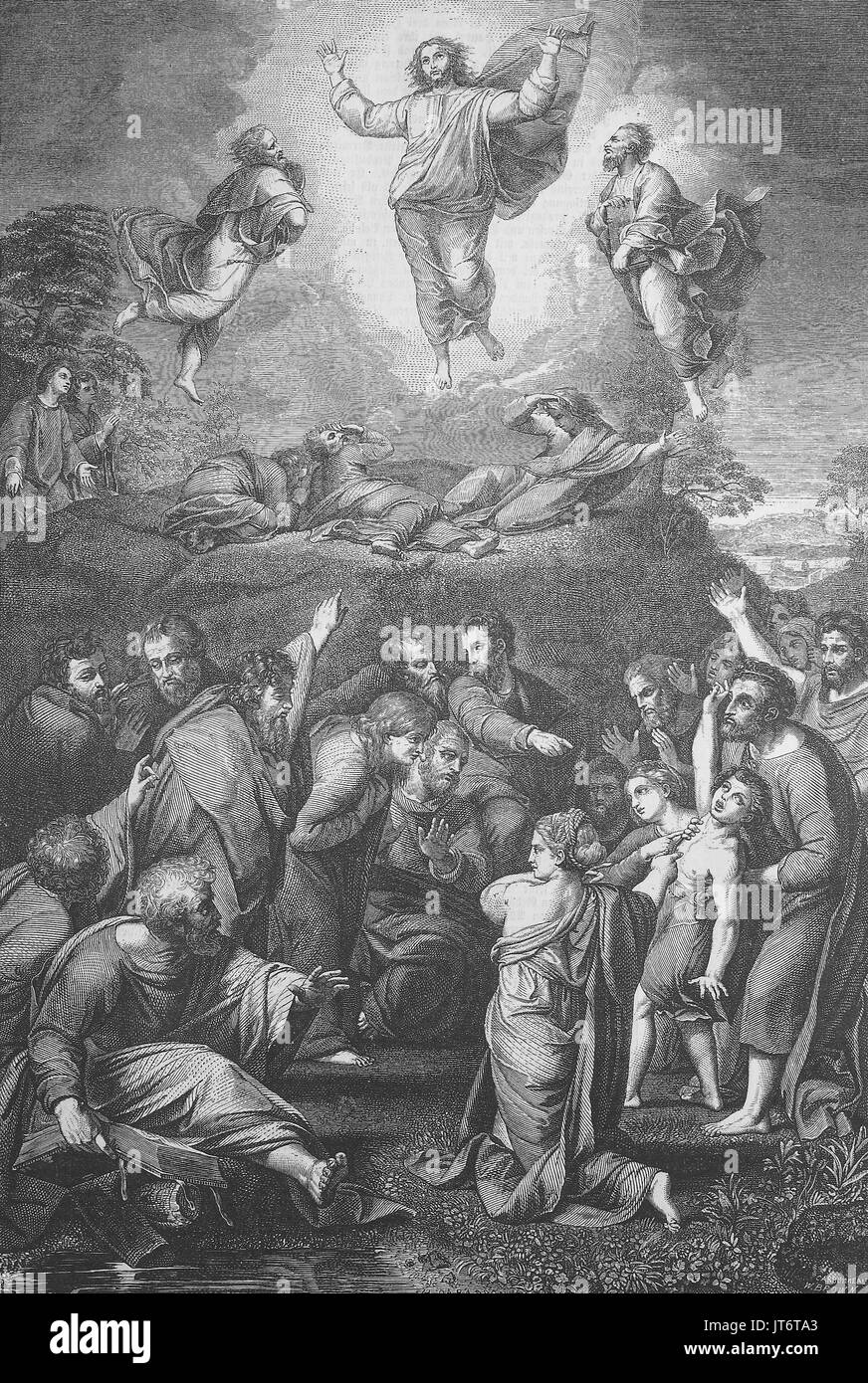 La transfiguration de Jésus est un événement rapporté dans le Nouveau Testament lorsque Jésus est transfiguré et devient dans la gloire rayonnante sur une montagne, , Amélioration numérique reproduction d'une image publié entre 1880 - 1885 Banque D'Images
