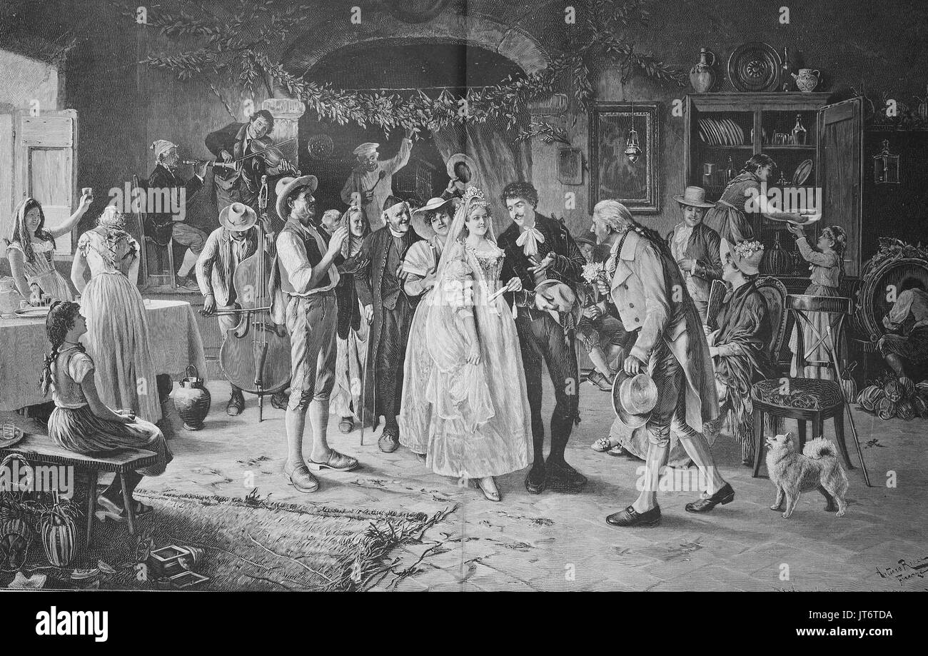 Un mariage en Italie au xviiie siècle, couples nuptiales dans le cercle de la famille et de musiciens, l'amélioration numérique reproduction d'une image publié entre 1880 - 1885 Banque D'Images