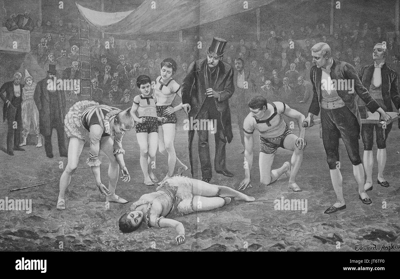 Une tragédie, un artiste de cirque s'est écrasé et se trouve blessé sur le terrain, l'amélioration numérique reproduction d'une image publié entre 1880 - 1885 Banque D'Images