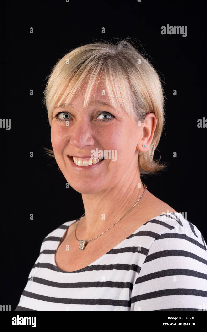 Belle caucasian woman in white striped shirt Banque D'Images