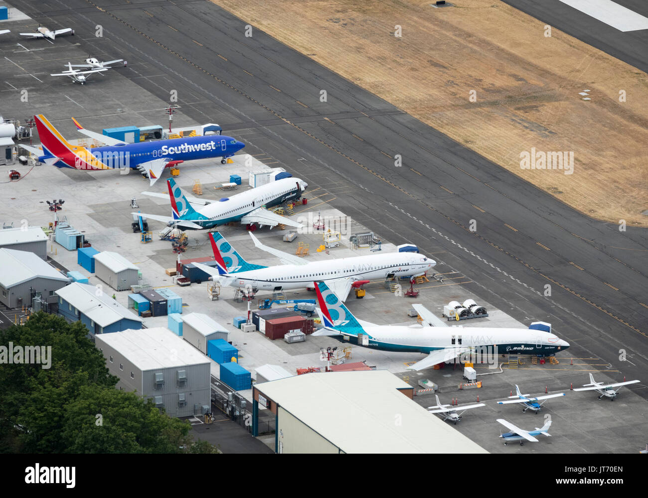 Vue aérienne d'avions Boeing 737 MAX en construction pour Southwest Airlines à l'usine Renton, Washington State, USA Banque D'Images
