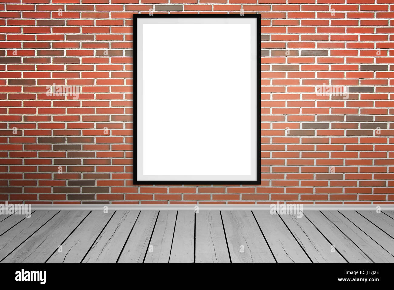 Cadre photo vide sur mur de brique pour immersive, art, design de présentation. Plancher en bois. Banque D'Images Cadre photo vide sur mur de brique pour immersive, art, design de présentation. Plancher en bois. Banque D'Images