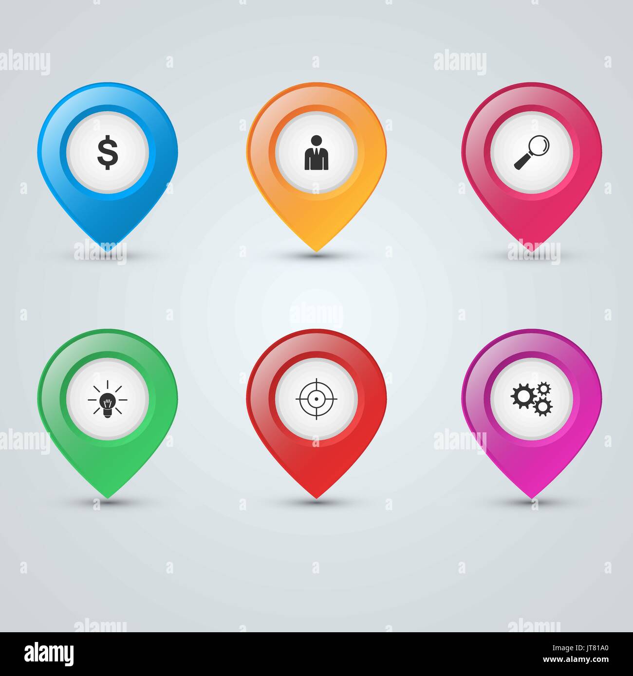 Icône Pin dollar, personnes, loupe, lampe, pignon, cible Illustration de Vecteur