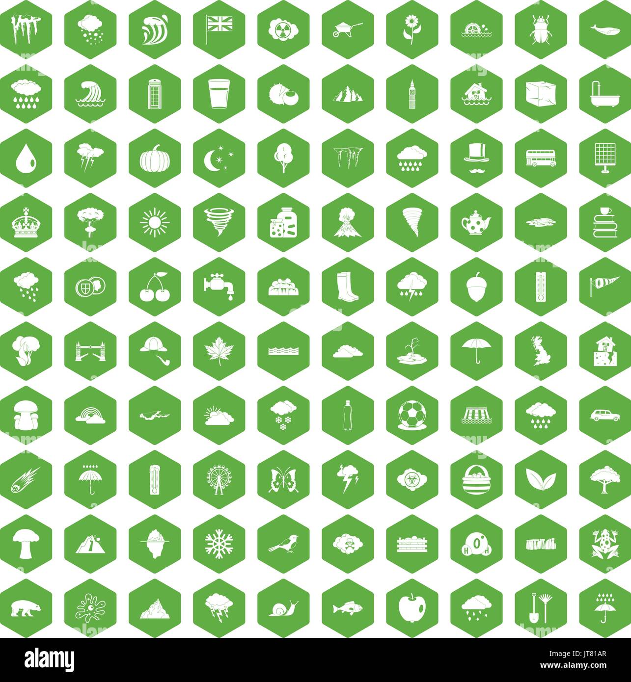 100 icônes de pluie verte hexagonale Illustration de Vecteur