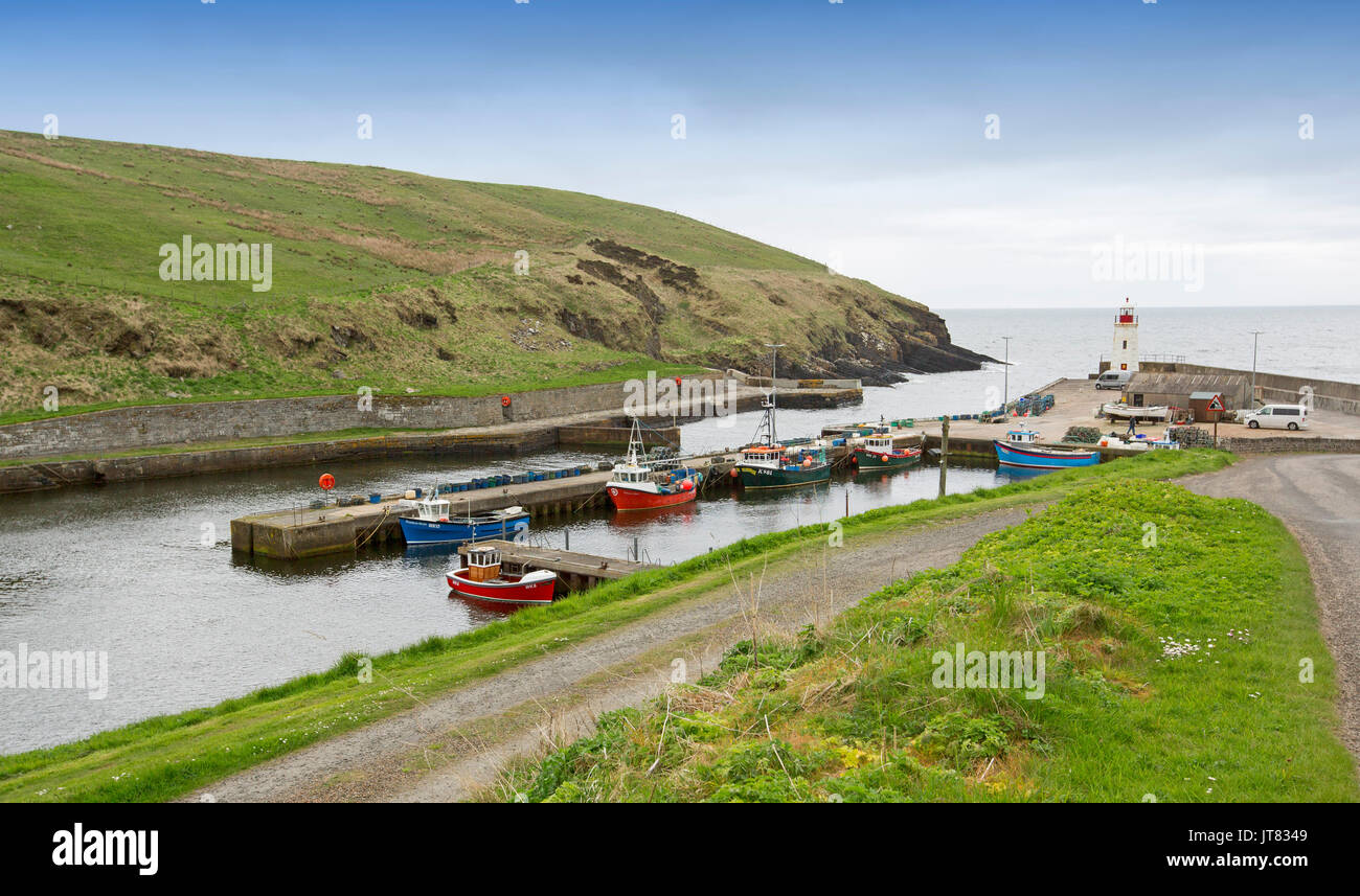 Vue panoramique de bateaux de pêche colorés sur l'eau calme de port bien abrité sous ciel bleu au village de Cuba, Caithness, nord de l'Ecosse Banque D'Images