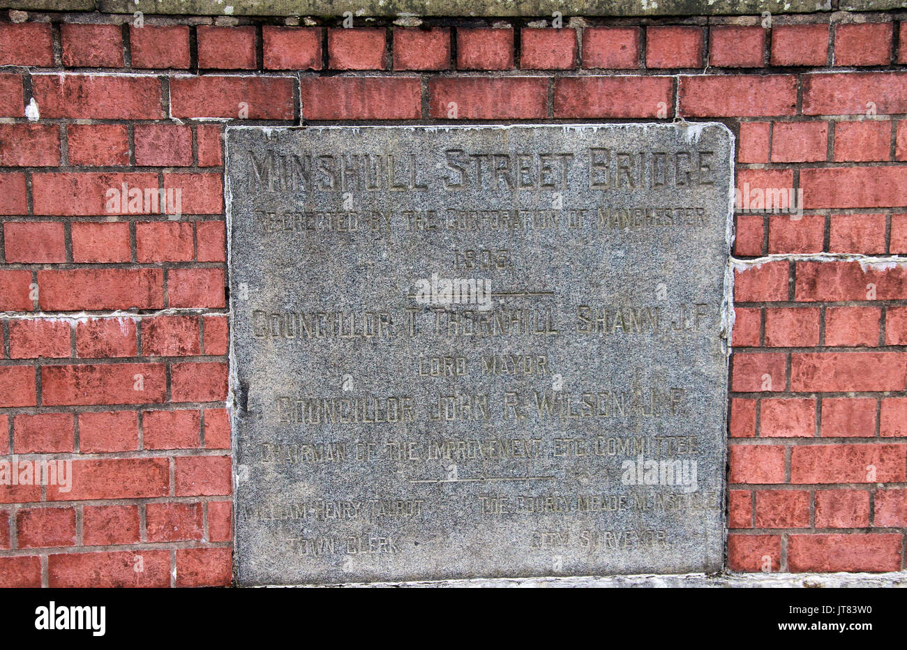 Plaque sur Minshull Street Bridge dans le centre-ville de Manchester Banque D'Images