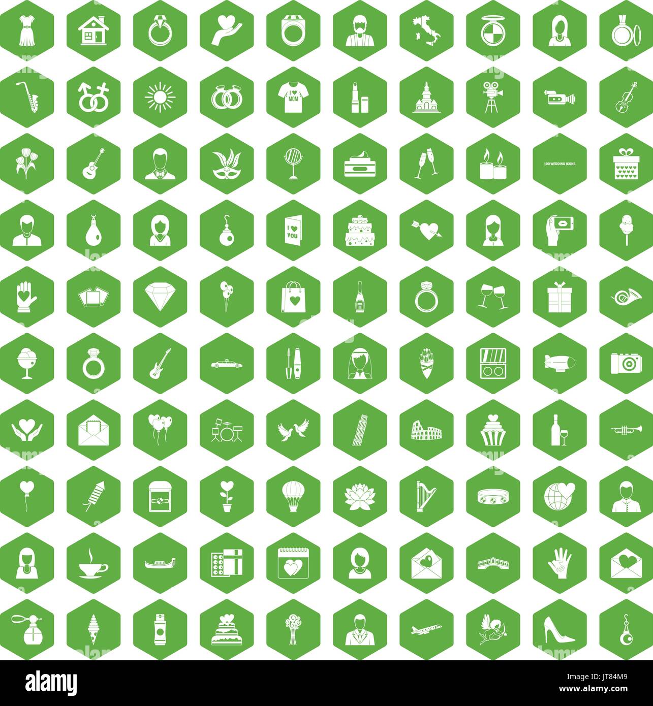 100 icônes de mariage vert hexagonal Illustration de Vecteur
