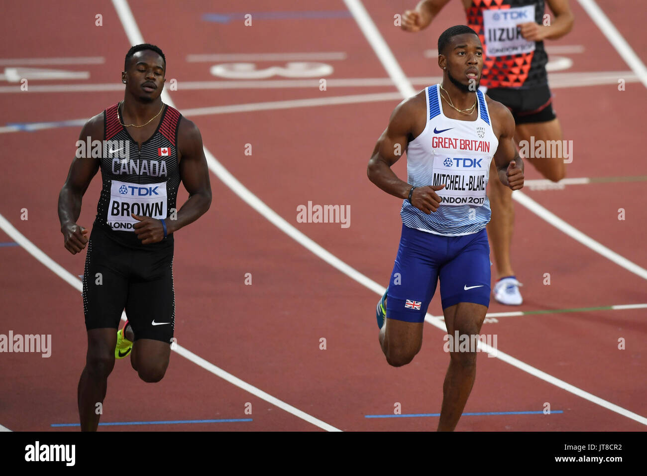 Londres, Royaume-Uni. 7 août 2017. Nethaneel Mitchell-Blake (GB) remporte sa 200m de chaleur au stade de Londres, au quatrième jour de l'IAAF World Championships London 2017. Crédit : Stephen Chung / Alamy Live News Banque D'Images