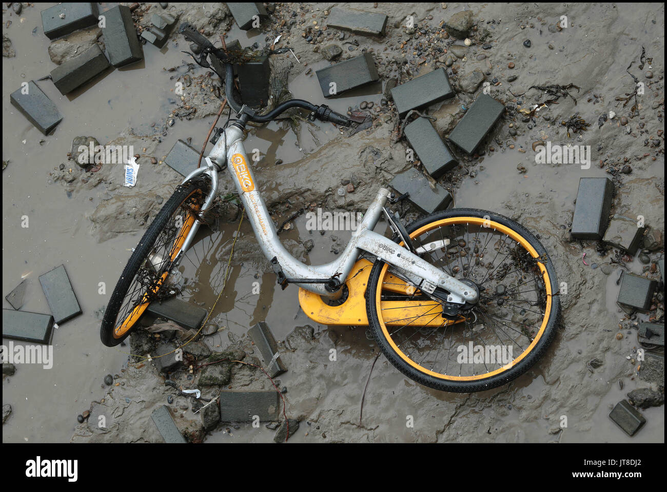 Lndon, UK. 7e août, 2017. Un tout nouveau gris et jaune lumineux O Bike trouvé jeté dans la Tamise, à l'embouchure du four à chaux Dock près de Canary Wharf. Le nouveau système de location de vélos pour rivaliser avec Boris Bikes a récemment lancé à Londres à l'insu de conseils locaux. Les effets perturbateurs de la société start-up de Singapour est devenu le premier "ockless' Location de vélos dans la capitale Crédit : Nigel Bowles/Alamy Live News Banque D'Images