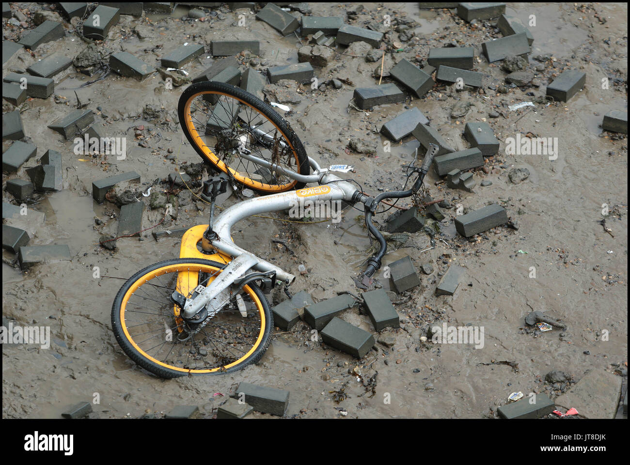 Lndon, UK. 7e août, 2017. Un tout nouveau gris et jaune lumineux O Bike trouvé jeté dans la Tamise, à l'embouchure du four à chaux Dock près de Canary Wharf. Le nouveau système de location de vélos pour rivaliser avec Boris Bikes a récemment lancé à Londres à l'insu de conseils locaux. Les effets perturbateurs de la société start-up de Singapour est devenu le premier "ockless' Location de vélos dans la capitale Crédit : Nigel Bowles/Alamy Live News Banque D'Images