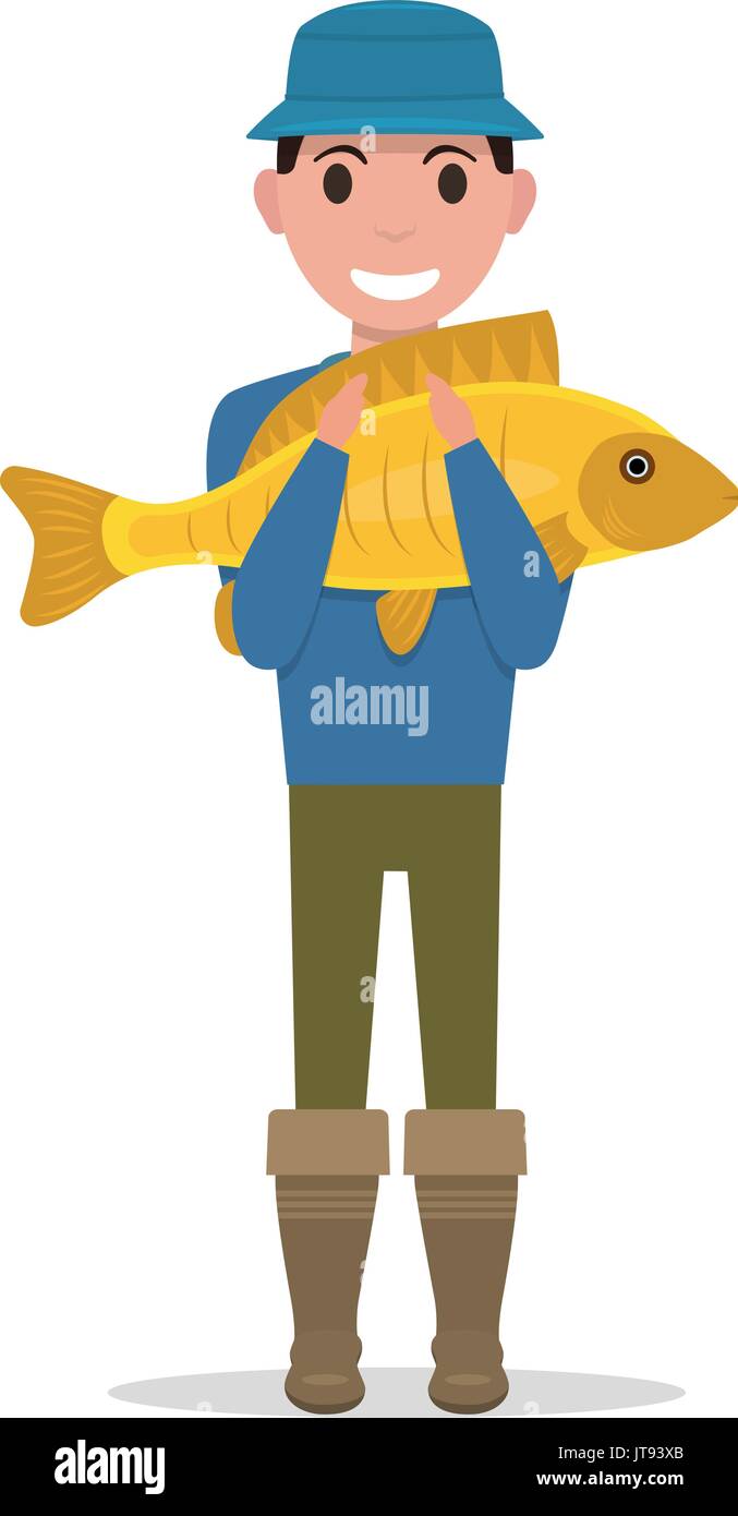 Vector cartoon fisherman holding un poisson Illustration de Vecteur