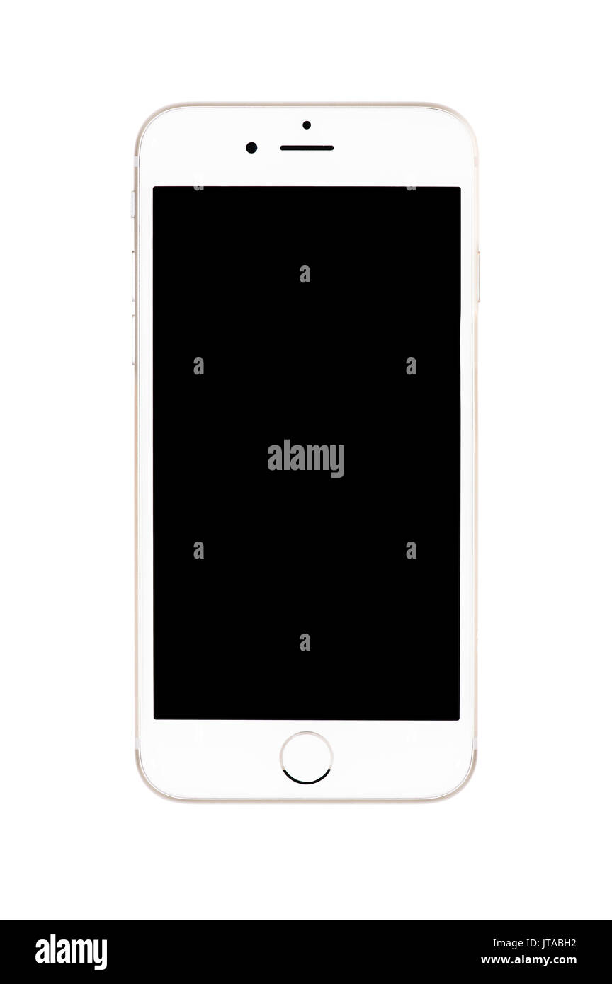Varna, Bulgarie - 22 septembre 2016 : vue avant d'or Apple iPhone 6S immersive avec écran noir. Isolé sur blanc. Banque D'Images