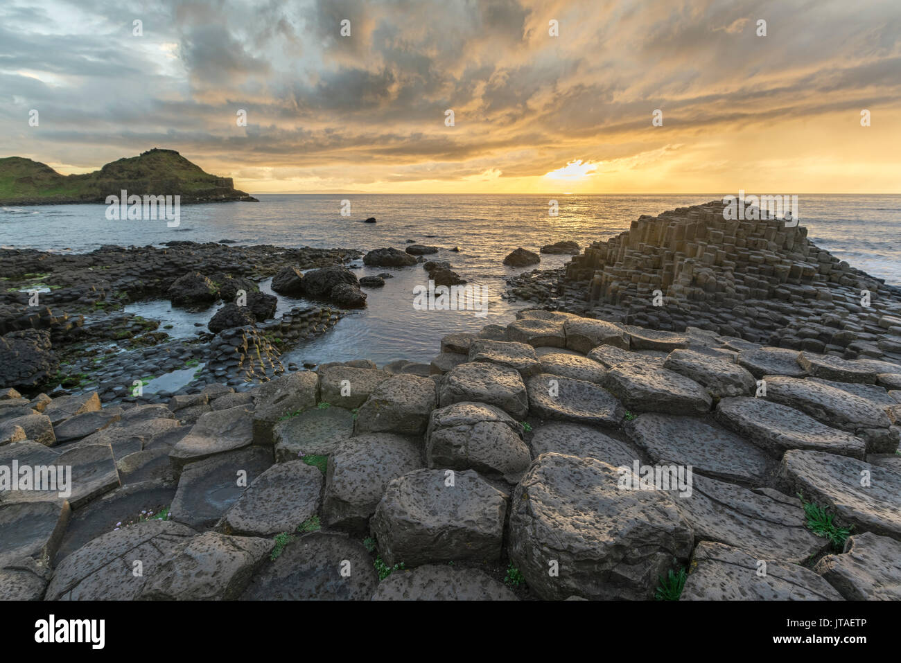 La Chaussée des géants au coucher du soleil, l'UNESCO World Heritage Site, comté d'Antrim, l'Ulster (Irlande du Nord, Royaume-Uni, Europe Banque D'Images