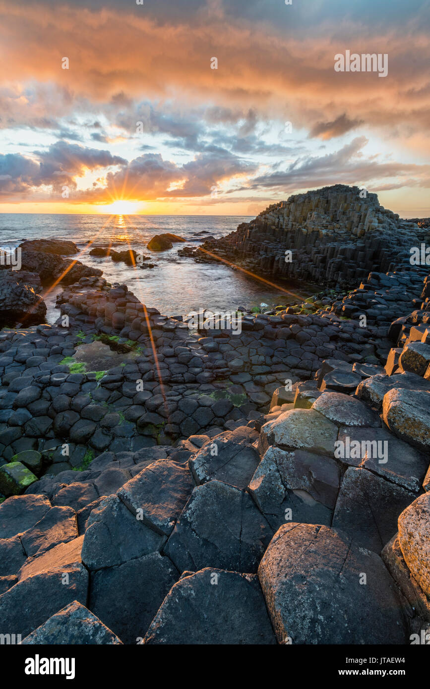 La Chaussée des géants au coucher du soleil, l'UNESCO World Heritage Site, comté d'Antrim, l'Ulster (Irlande du Nord, Royaume-Uni, Europe Banque D'Images