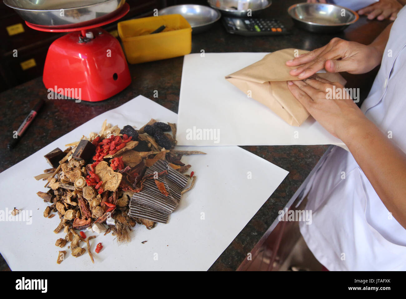 Pharmacie de la médecine traditionnelle chinoise, la phytothérapie, la thérapie de Ho Chi Minh Ville, Vietnam, Indochine, Asie du Sud-Est, l'Asie Banque D'Images