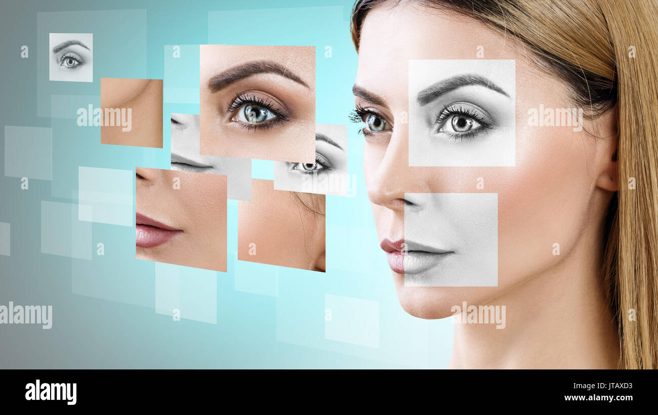 Young woman's face recueillies auprès des différentes parties sur fond bleu. Banque D'Images