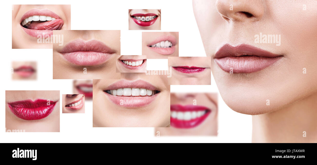 Collage d'une saine smiling people. Le concept de la santé dentaire. Isolé sur blanc. Banque D'Images