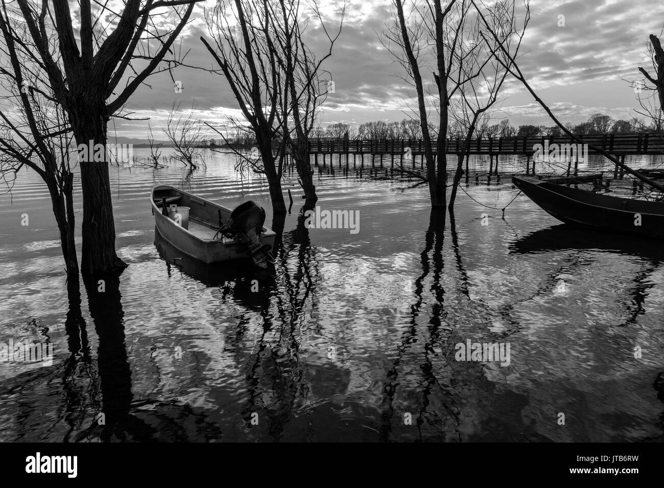 Deux petits bateaux sur un lac, avec de beaux arbres et nuages réflexions Banque D'Images