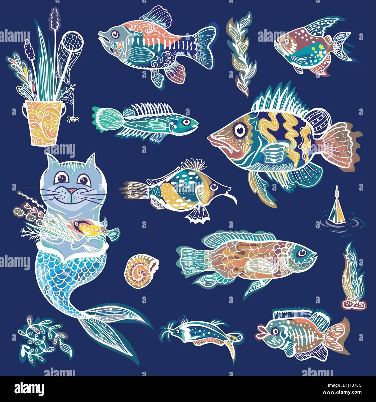 Contour style croquis poissons d'aquarium, plantes et mermaid illustrations avec effet lumineux Illustration de Vecteur