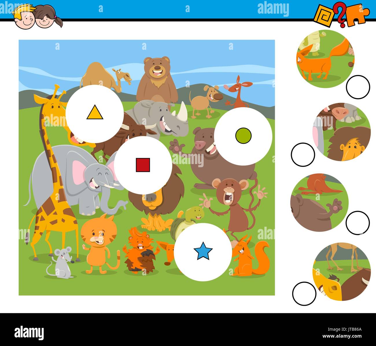 Cartoon Illustration de match d'enseignement les éléments jeu pour les enfants avec des animaux sauvages Groupe Caractères Illustration de Vecteur