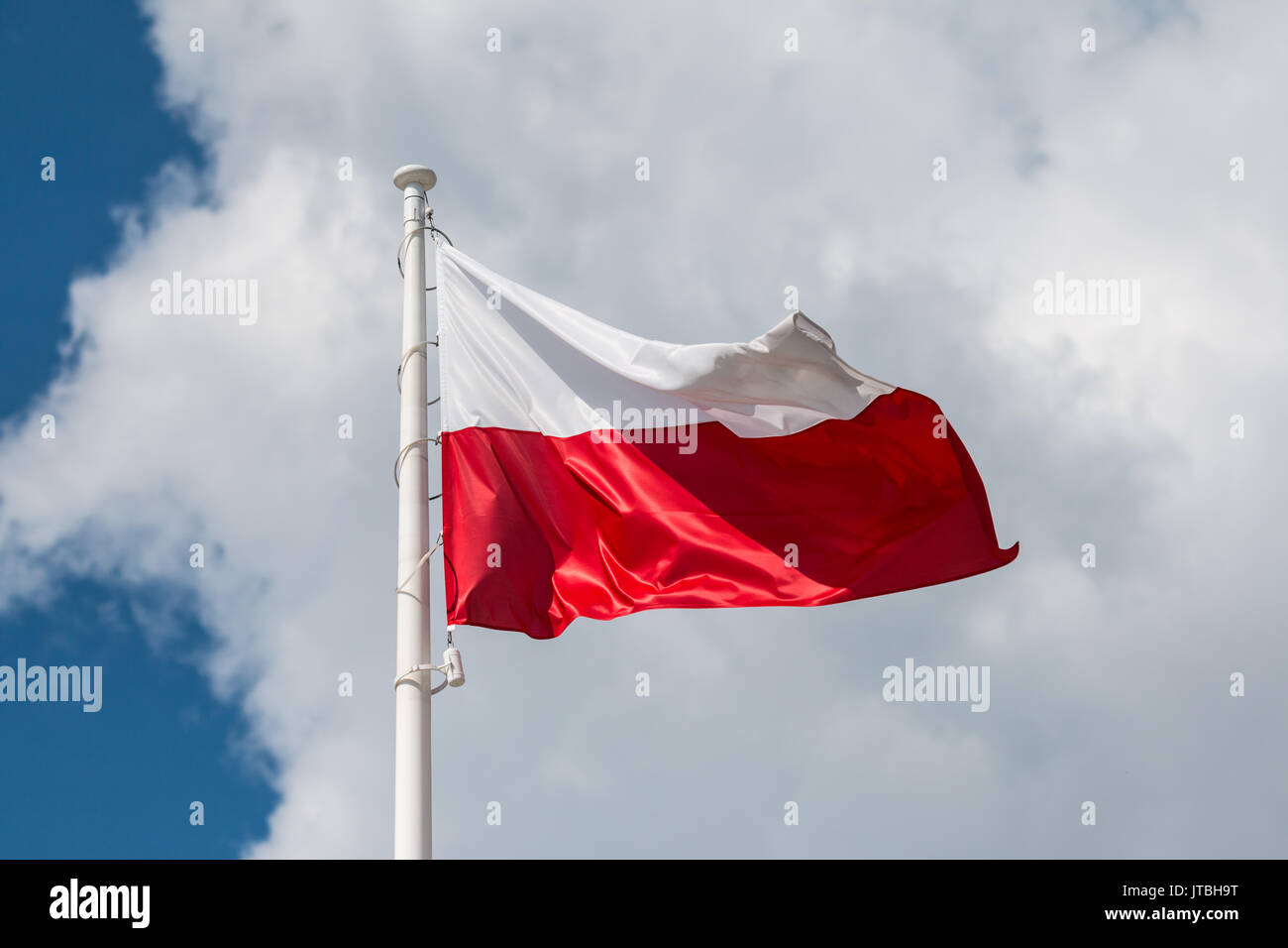 Brandissant le drapeau national de la Pologne sur un mât, couleurs nationales de la Pologne. Banque D'Images