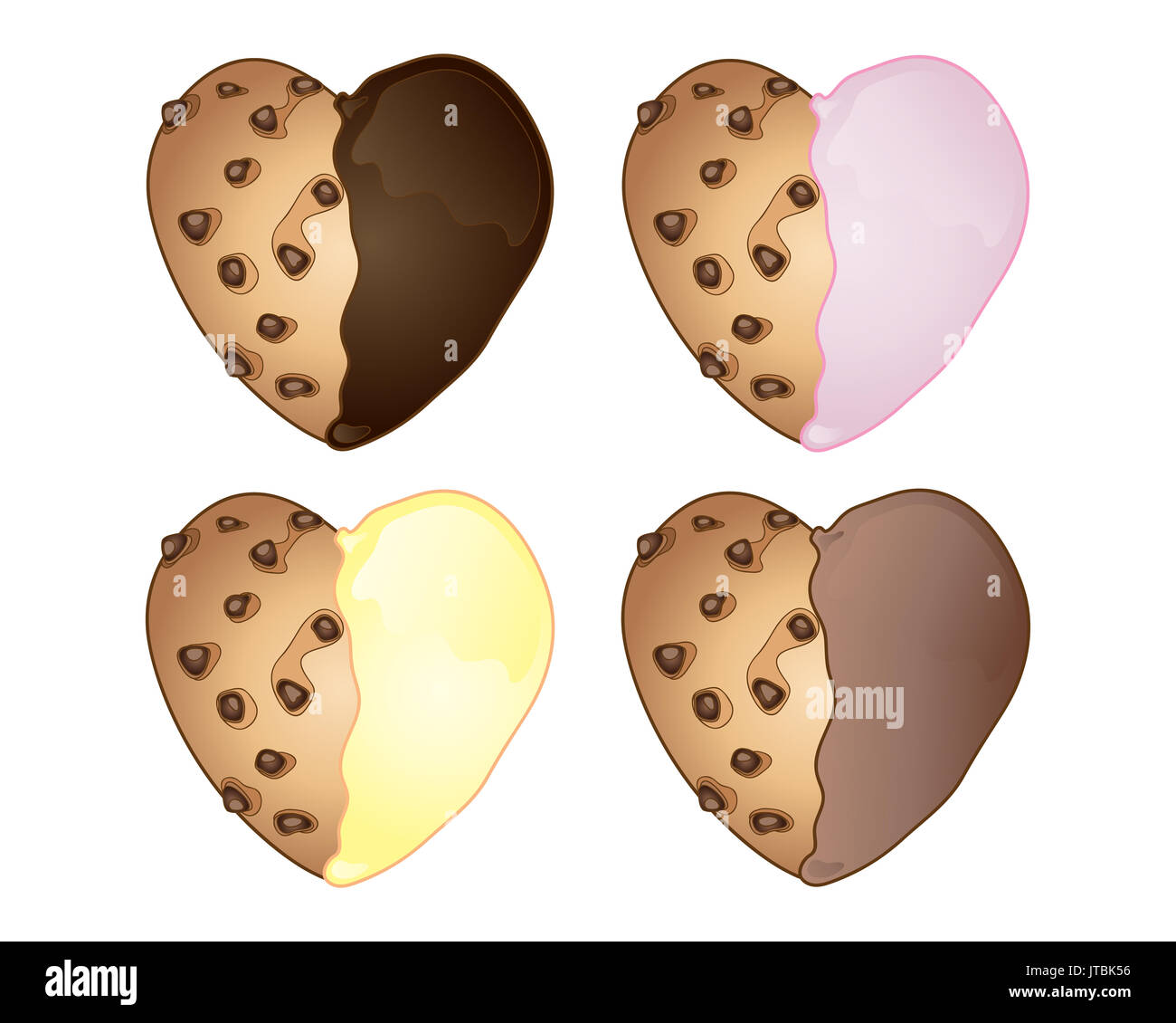 Une illustration de quatre cookies en forme de coeur nouveauté avec du chocolat et des fruits glaçage sur un fond blanc Banque D'Images