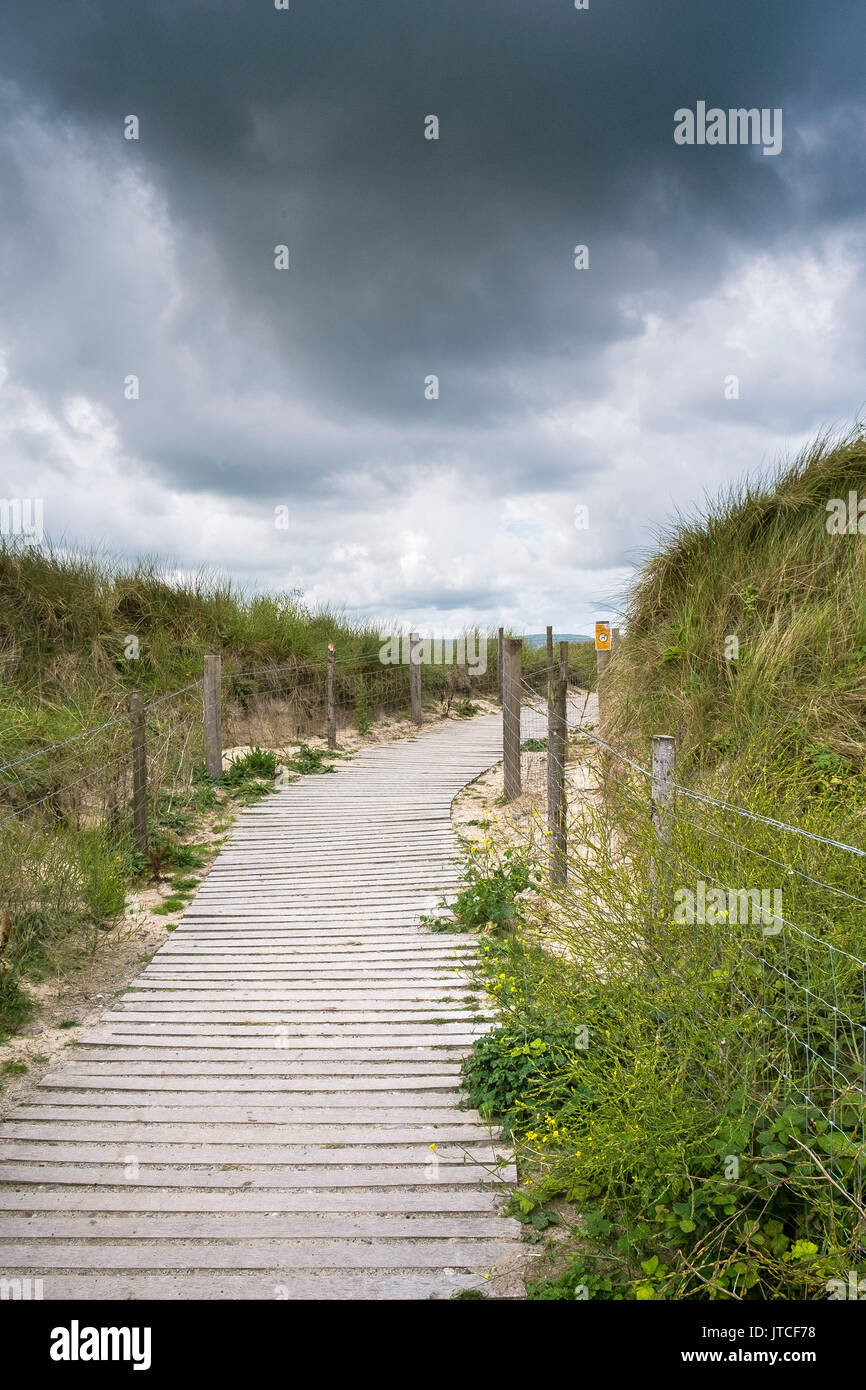 Une passerelle en bois qui traverse les dunes de sable couvert de roseaux à Towans Gwithian à Cornwall. Banque D'Images