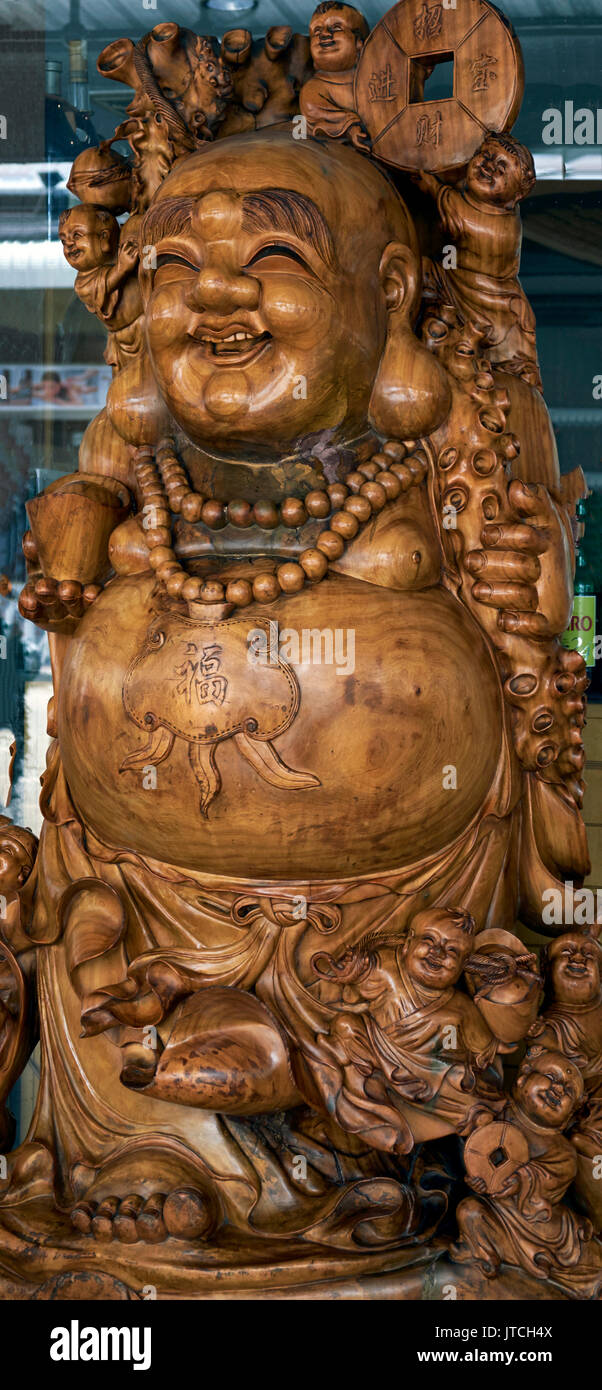 Statue Bouddha Rieur En Bois - Sculpture Porte-bonheur Décorative - Environ 21x18x11 Cm