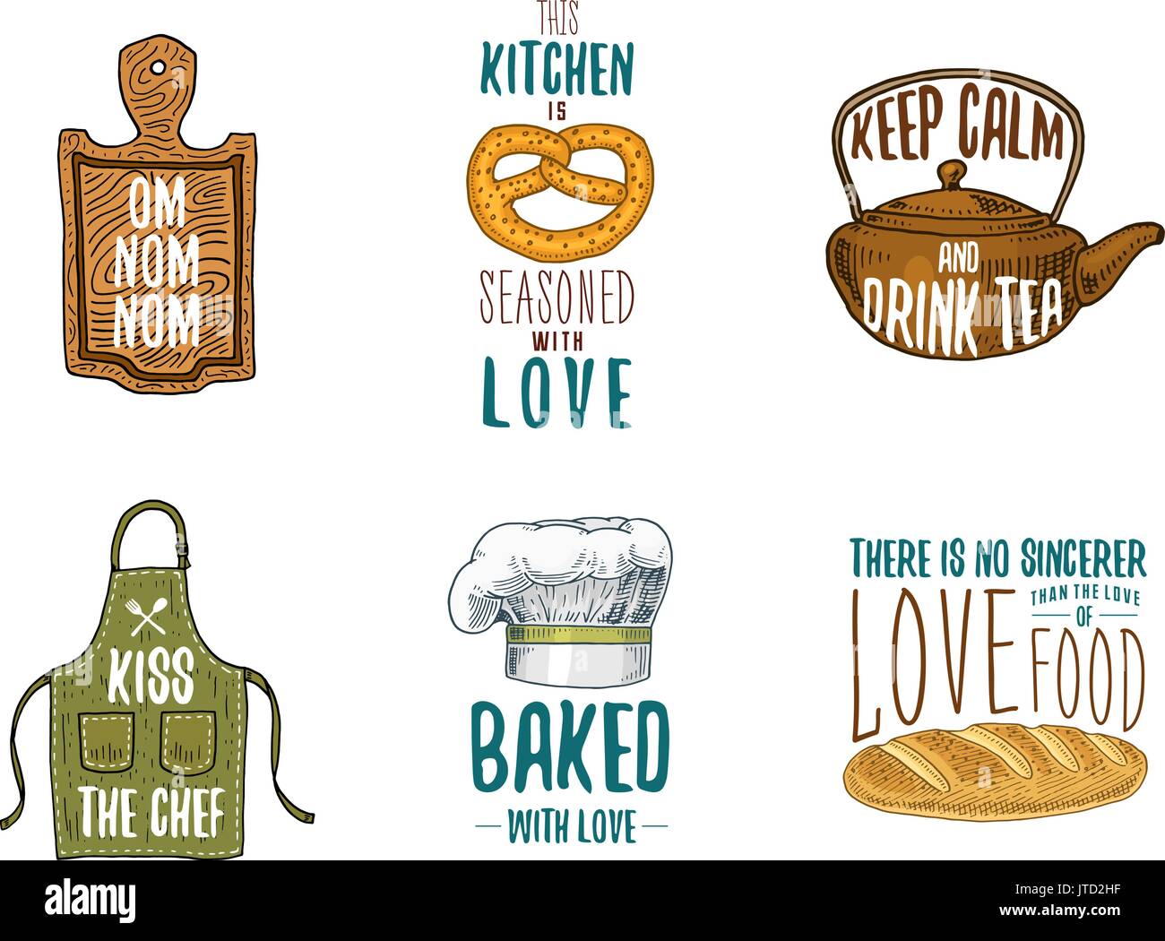 Tablier et casserole, bagel et planche en bois avec capot, poêle et électrique. La cuisson ou la cuisson, ustensiles de cuisine sale affaire. logo emblème ou l'étiquette, gravé à la main dans de vieux croquis et de l'esprit vintage. Illustration de Vecteur