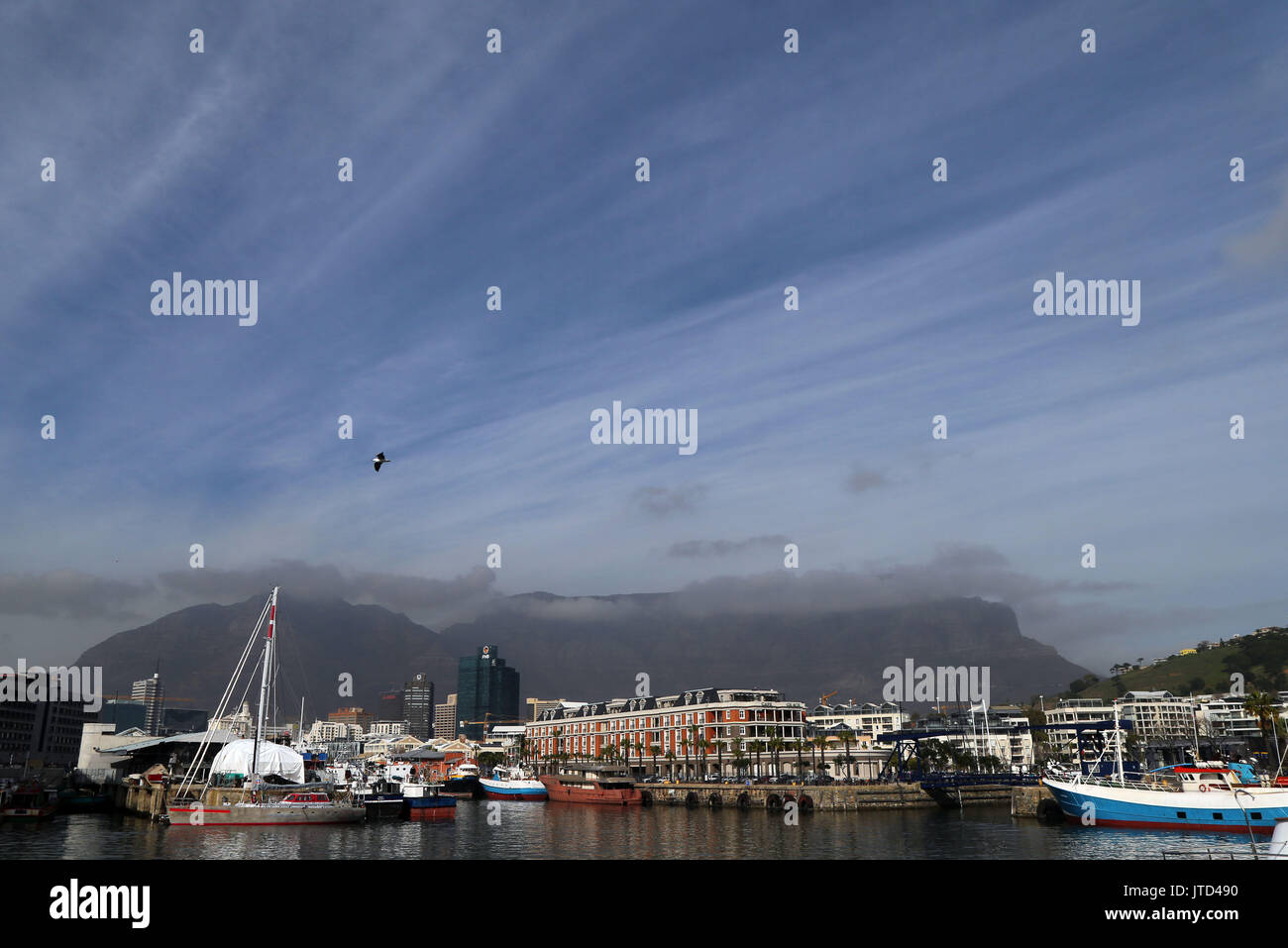Une vue sur le V&A Waterfront et la montagne de la table et la pointe du diable à l'arrière-plan à Cape Town, Western Cape, Afrique du Sud. Banque D'Images