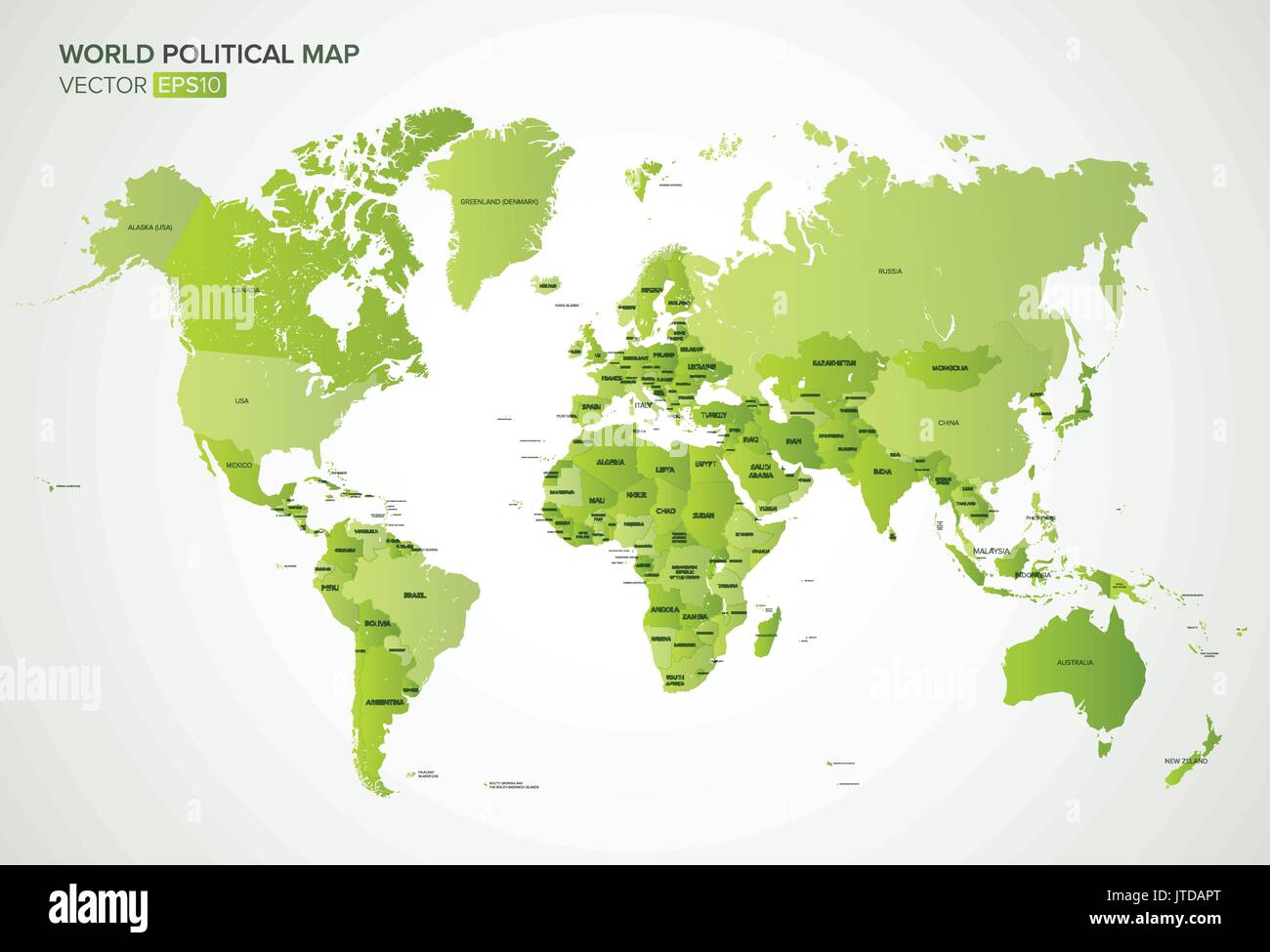 Carte politique du vecteur avec les noms de tous les pays en vert, couleur du dégradé illustration vectorielle. Illustration de Vecteur
