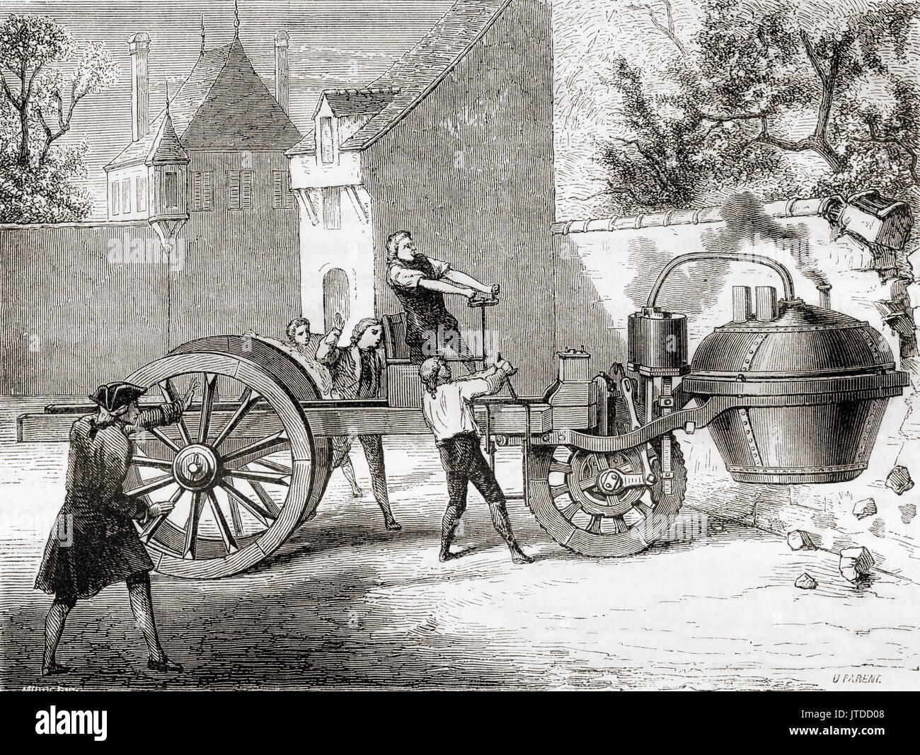La première voiture à vapeur, construite par Cugnot, perd le contrôle et frappe une partie des murs de l'arsenal, Paris, France,1770. Nicolas-Joseph Cugnot, 1725 – 1804. Inventeur français, constructeur du premier véhicule mécanique automoteur en fonctionnement, première automobile au monde. De les Merveilles de la Science, publié en 1870. Banque D'Images