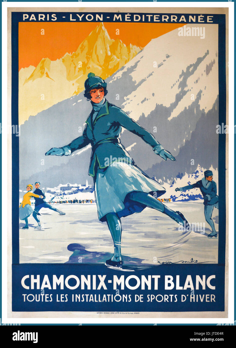 1920 Original affiche PLM CHAMONIX Paris Lyon Méditérannée le sport d'hiver patinage Mont-Blanc Banque D'Images