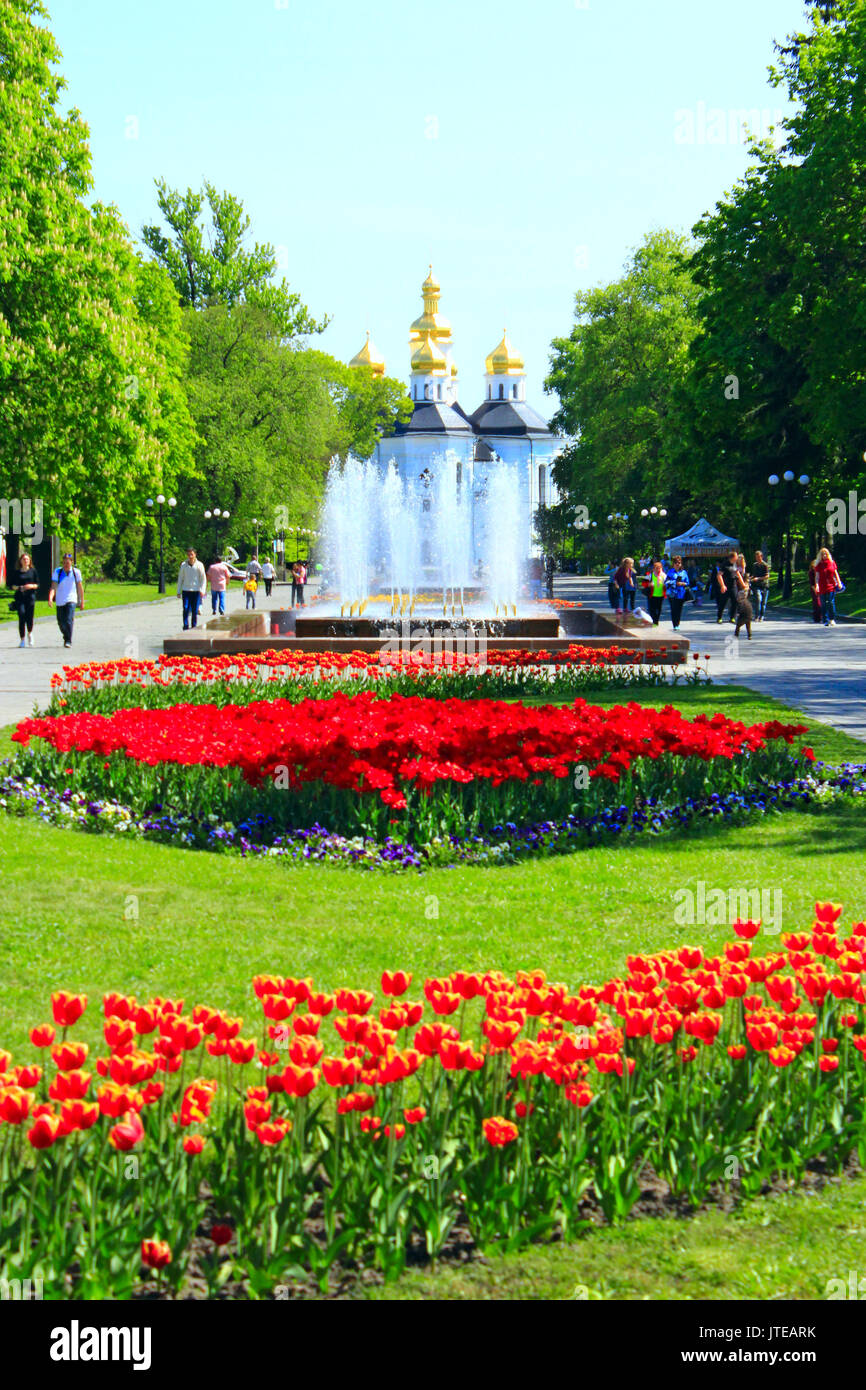 Les gens marchent dans le parc de la ville avec des parterres de tulipes sentier large et fontaines Banque D'Images