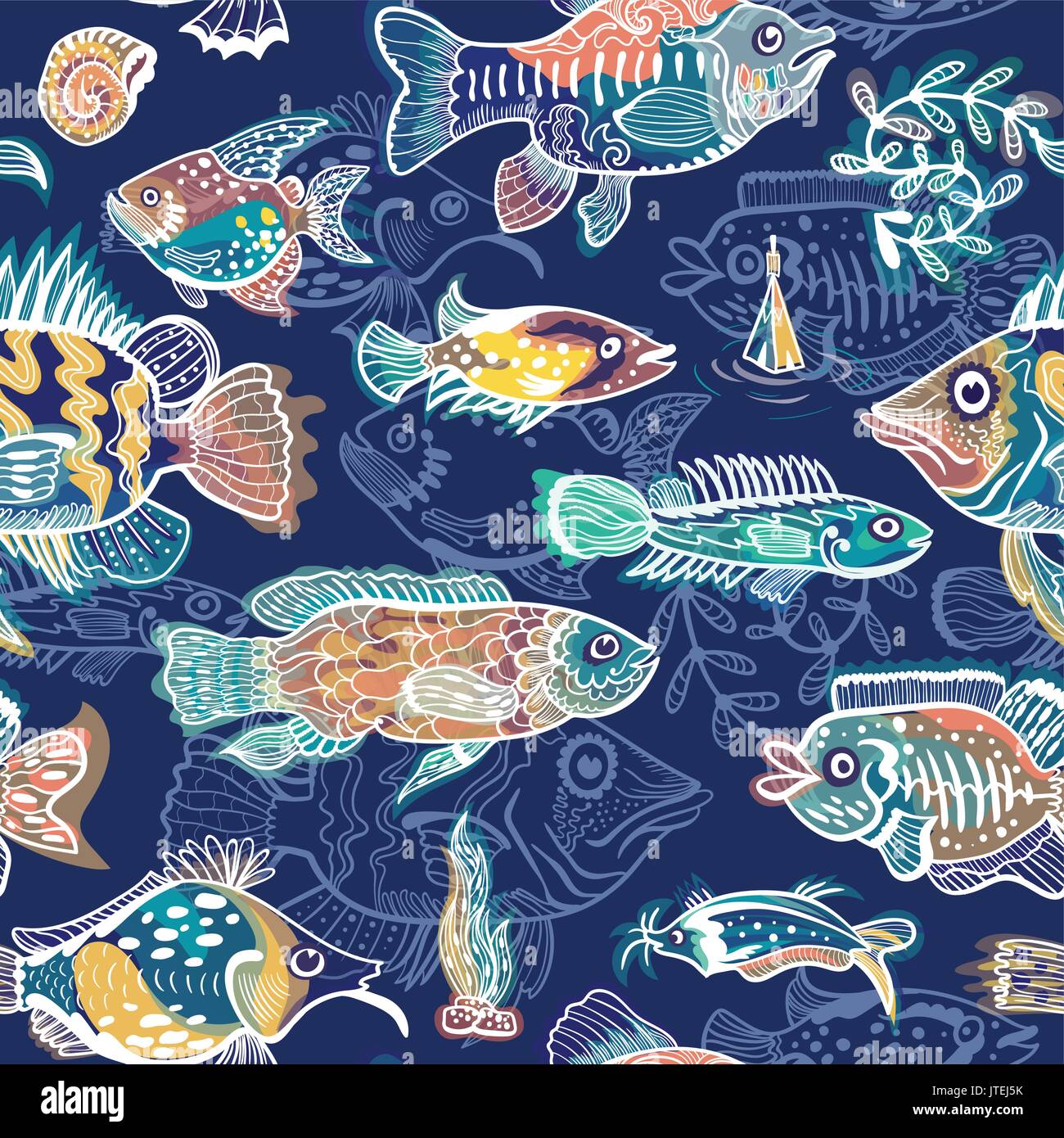 Seamless texture sketch avec des poissons colorés personnages drôles rougeoyant sur fond indigo Illustration de Vecteur