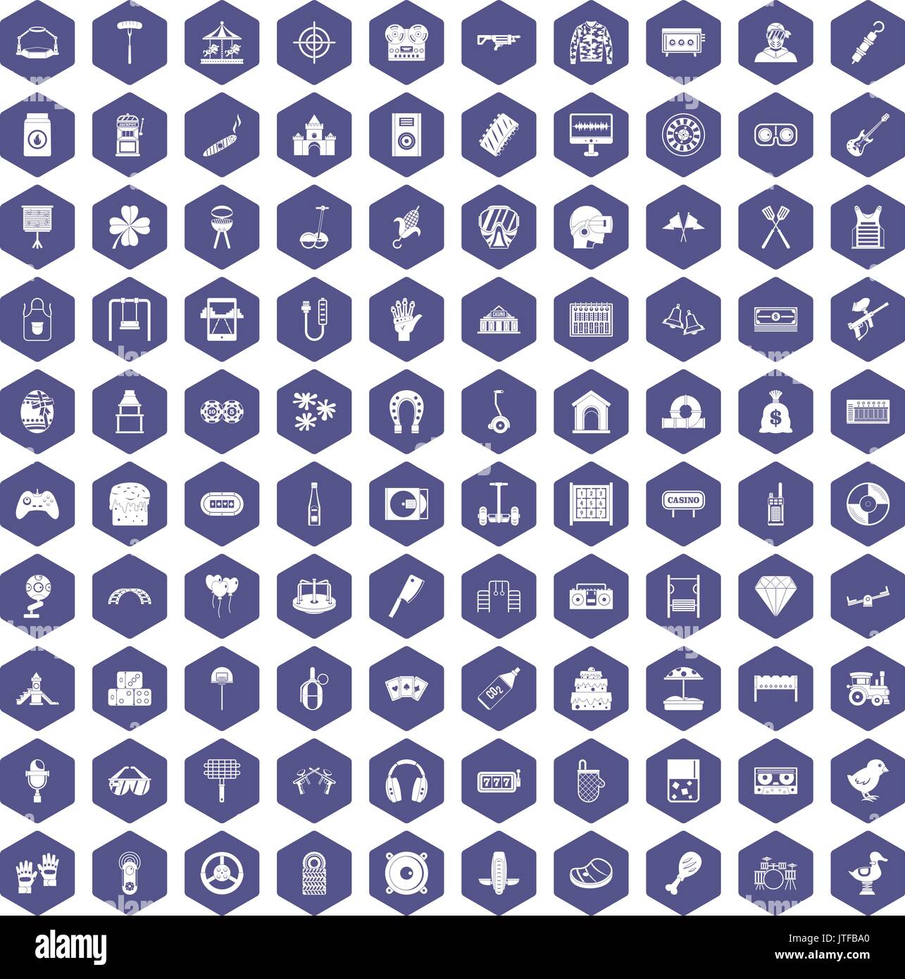 100 icônes de divertissement mauve hexagonale Illustration de Vecteur
