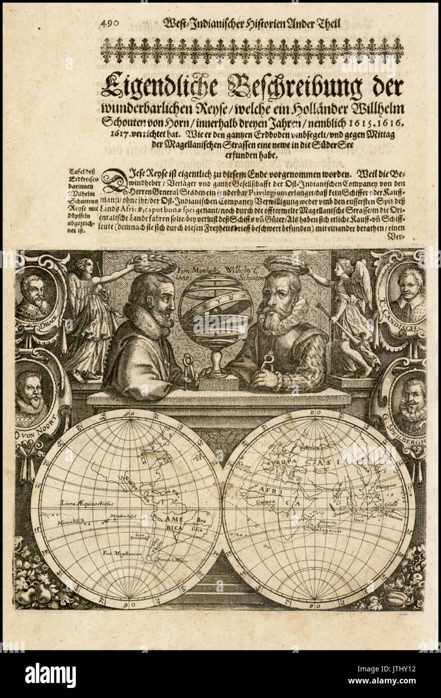 Schouten et Blaeu Untitled Site Hémisphère Double Carte avec des portraits de Magellan, Schoten, Drake, Von Noort, Cavendish, et Speilbergen c. 1618 Banque D'Images