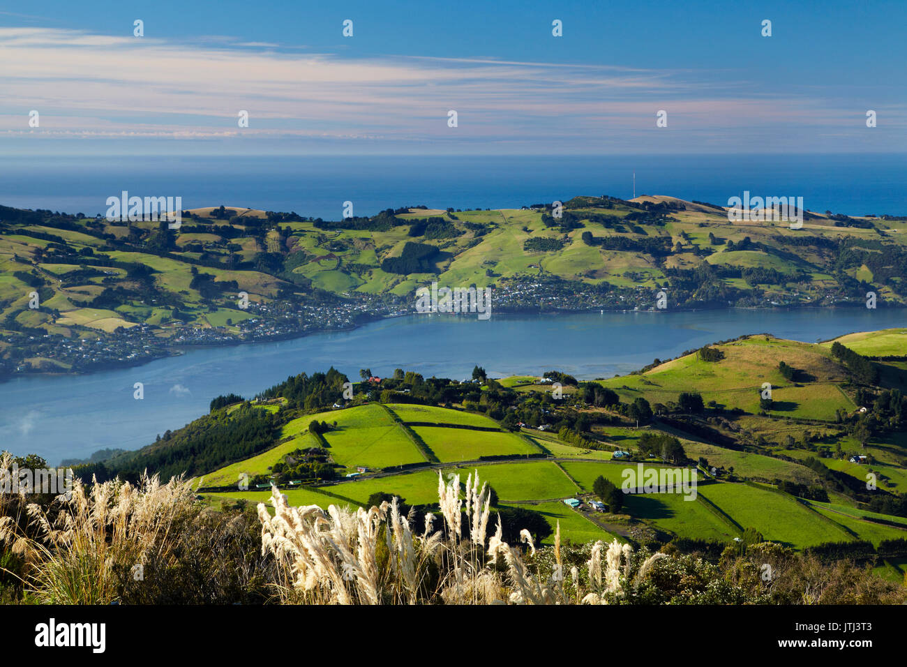 Terres agricoles à la jonction, et d'Otago Harbour et péninsule d'Otago, Dunedin, Nouvelle-Zélande, île du Sud Banque D'Images