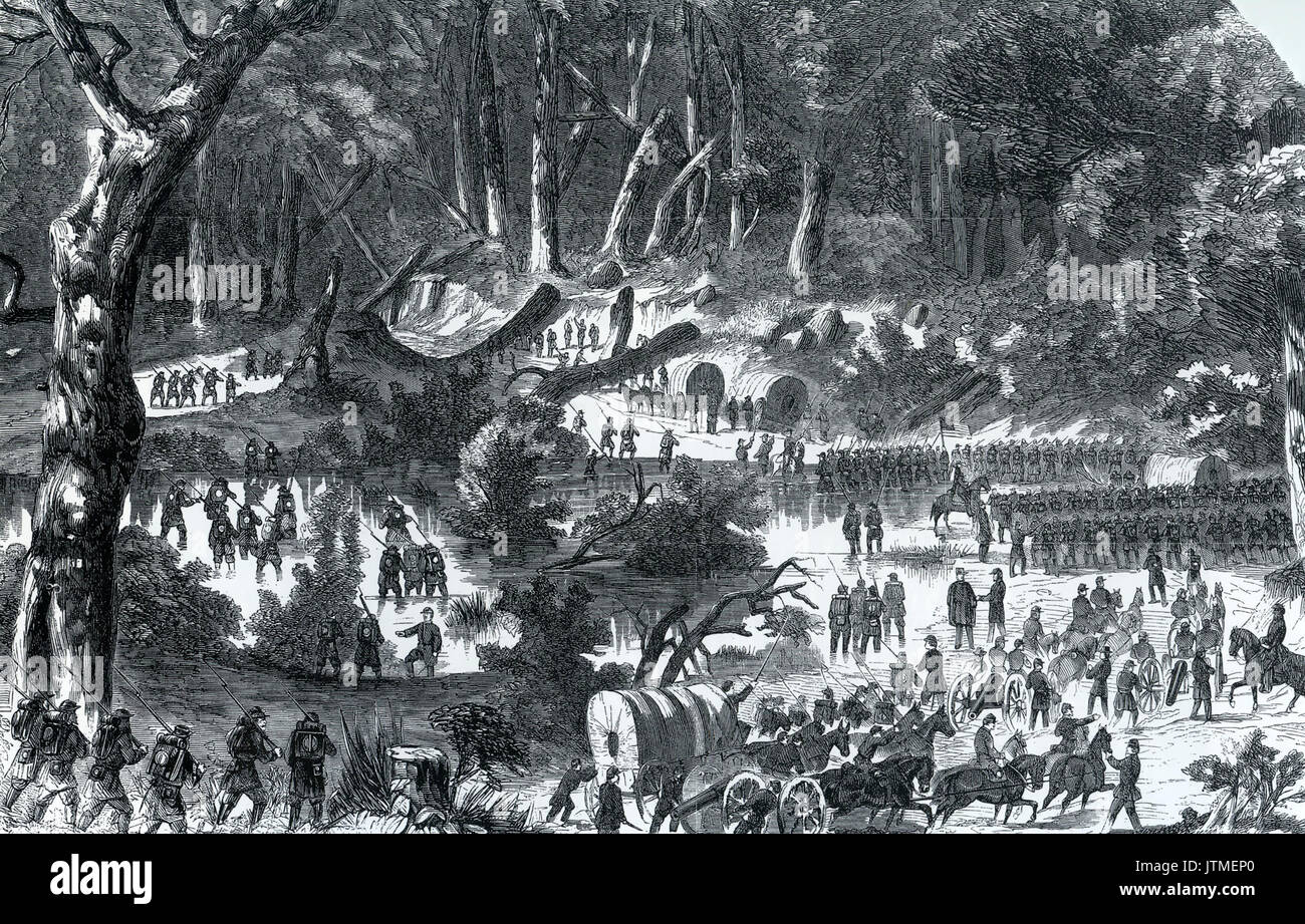 Guerre civile américaine Union européenne le Général George B. McClellan's armée en marche à travers les bois de Virginie durant la campagne péninsulaire de 1862 Banque D'Images