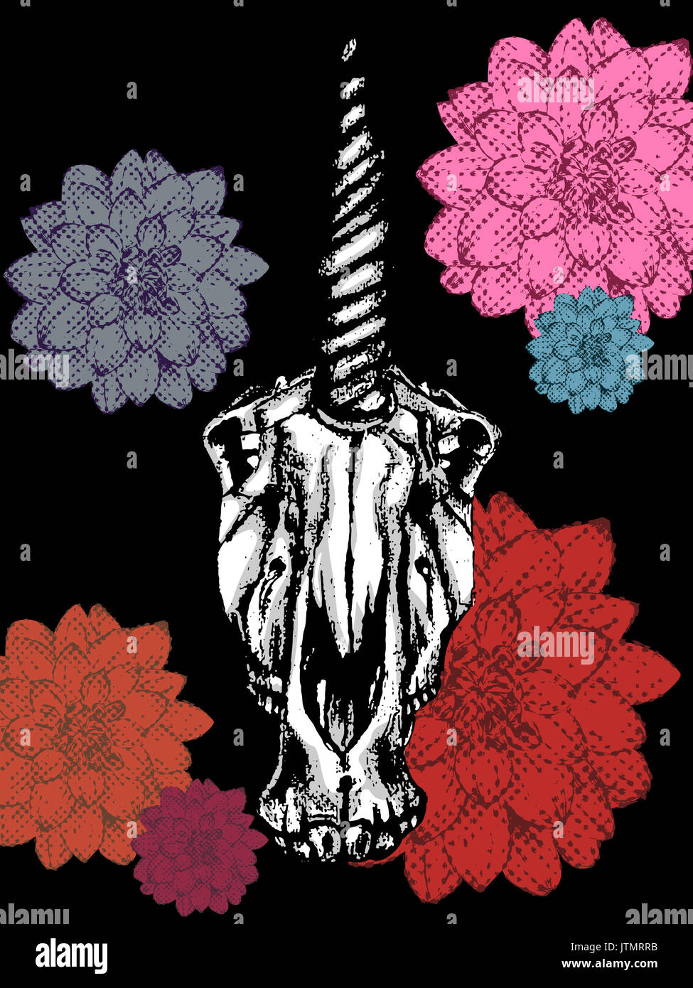 Vector illustration d'un crâne dessiné à la main et unicorn fleurs colorées sur fond noir Banque D'Images