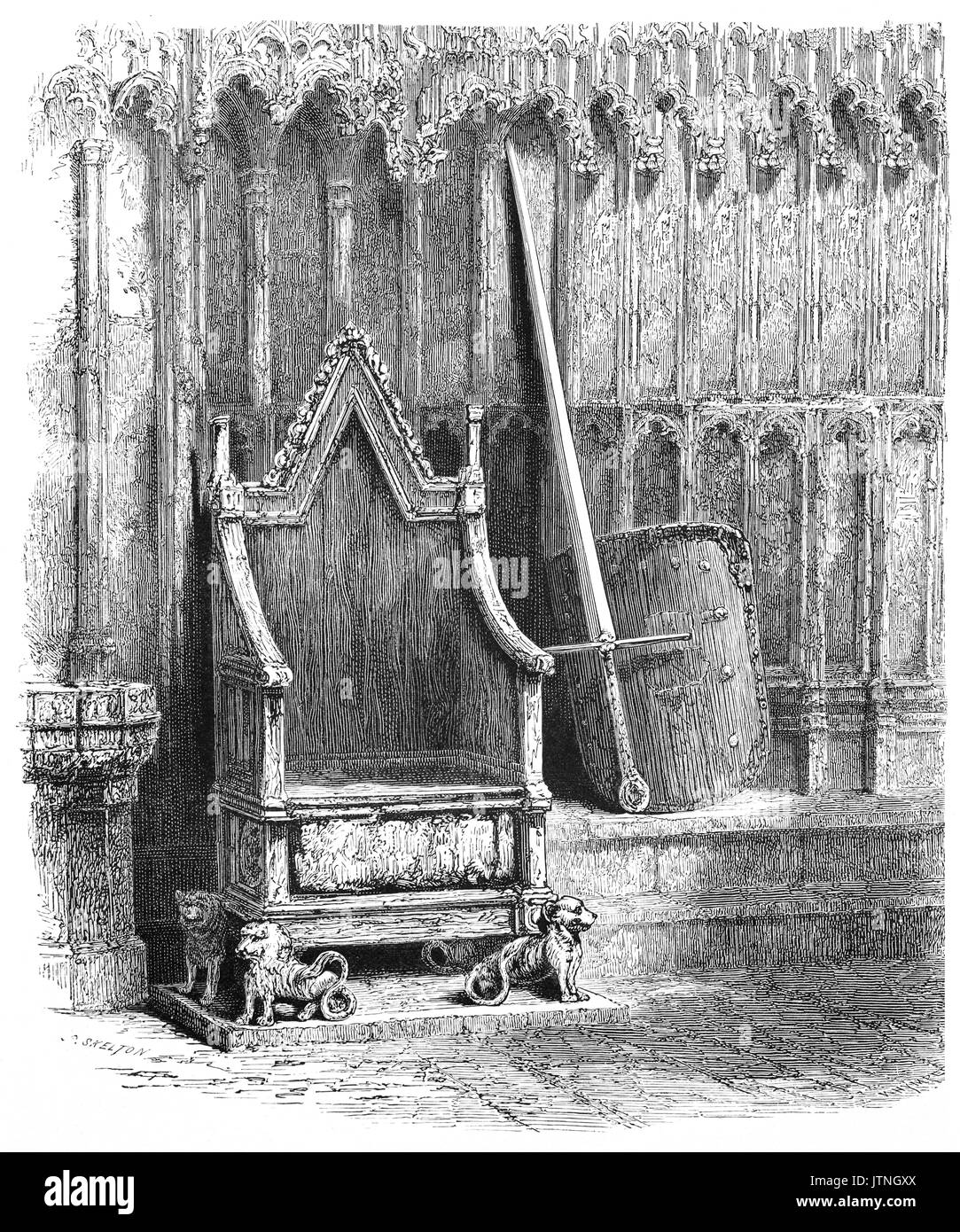 1870 : le trône du couronnement, connue historiquement comme président ou St Edward's King Edward's Chair, est une ancienne trône en bois sur laquelle le monarque britannique est assis lorsqu'il est investi d'insignes, et couronné à la Coronation à Londres, en Angleterre. Elle a été commandée en 1296 par le roi Édouard I de contenir la pierre de couronnement de l'Ecosse - connue sous le nom de Pierre du Destin - qui avait été saisie par des Écossais qui l'a conservé à l'abbaye de Scone dans le Perthshire, en Écosse. Banque D'Images
