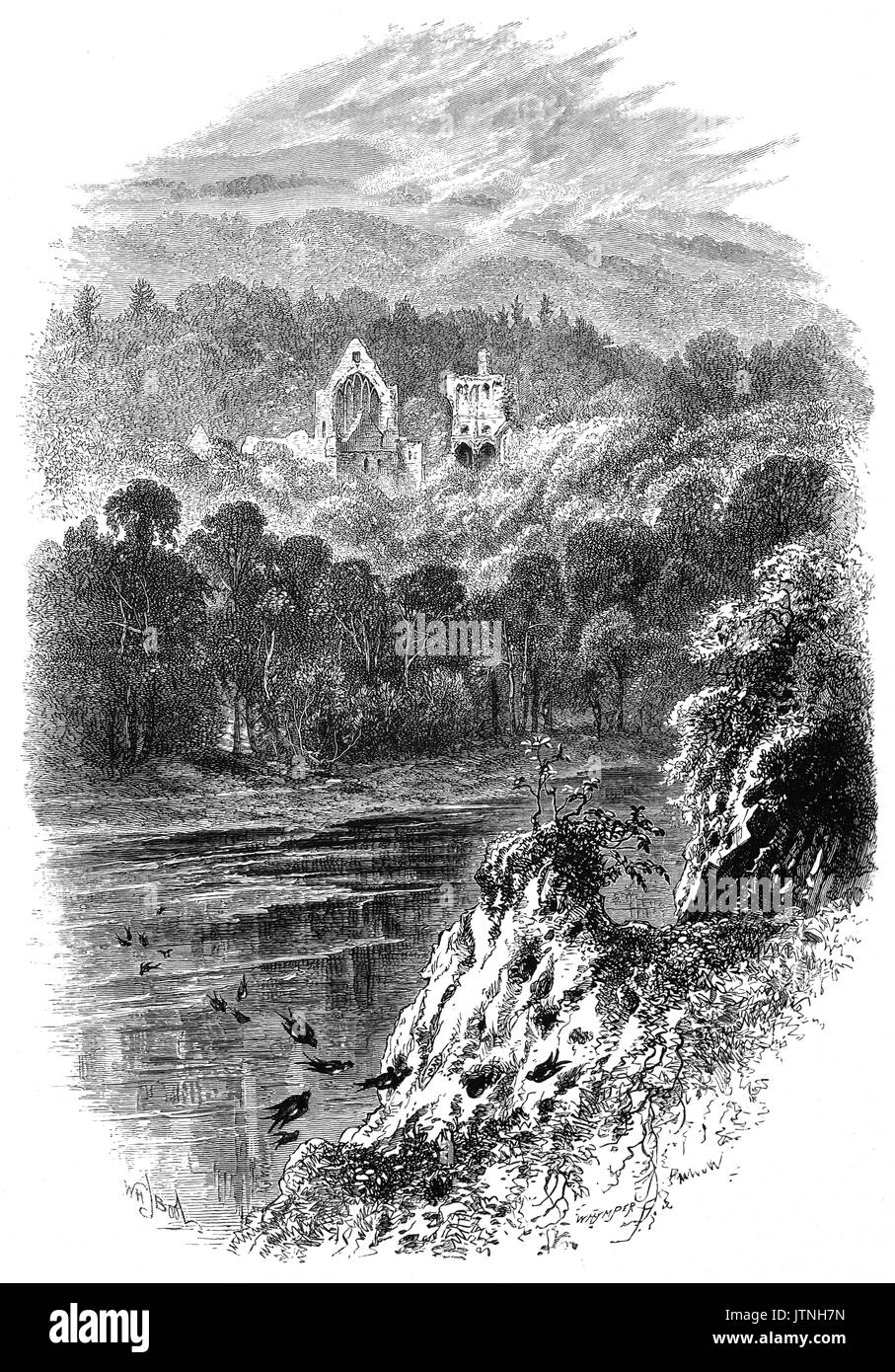 1870 : Abbaye de Dryburgh, sur les rives de la rivière Tweed. Elle a été fondée au xiie siècle, puis brûlé par les troupes anglaises en 1322, après quoi il n'a été rétabli qu'à être de nouveau brûlé par Richard II en 1385. Il a prospéré dans le quinzième siècle, finalement détruit en 1544, brièvement pour survivre jusqu'à la réforme écossaise. Sir Walter Scott et Douglas Haig sont enterrés dans ses motifs. Le Roxburghshire, Ecosse, Royaume-Uni. Banque D'Images