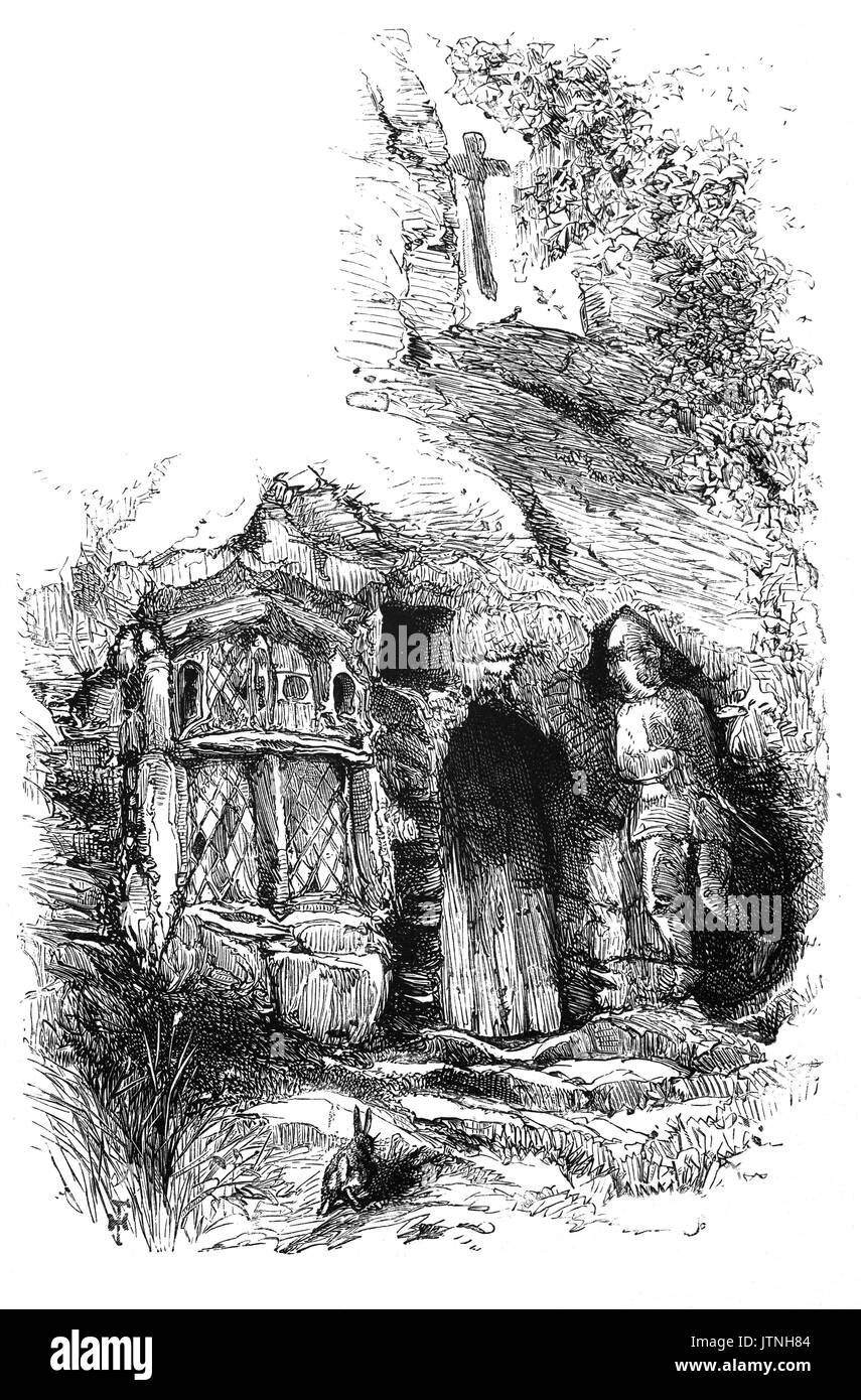 1870 : la chapelle St Robert : Robert de Knaresborough (1160 - 1218) était un ermite qui vivait dans une caverne près de la rivière Nidd, Knaresborough, Yorkshire du Nord. Sa fête est le 24 septembre, bien qu'il n'a jamais été officiellement canonisé Robert est considéré comme l'un des grands saints de l'début xiiie siècle. L'Angleterre. Banque D'Images