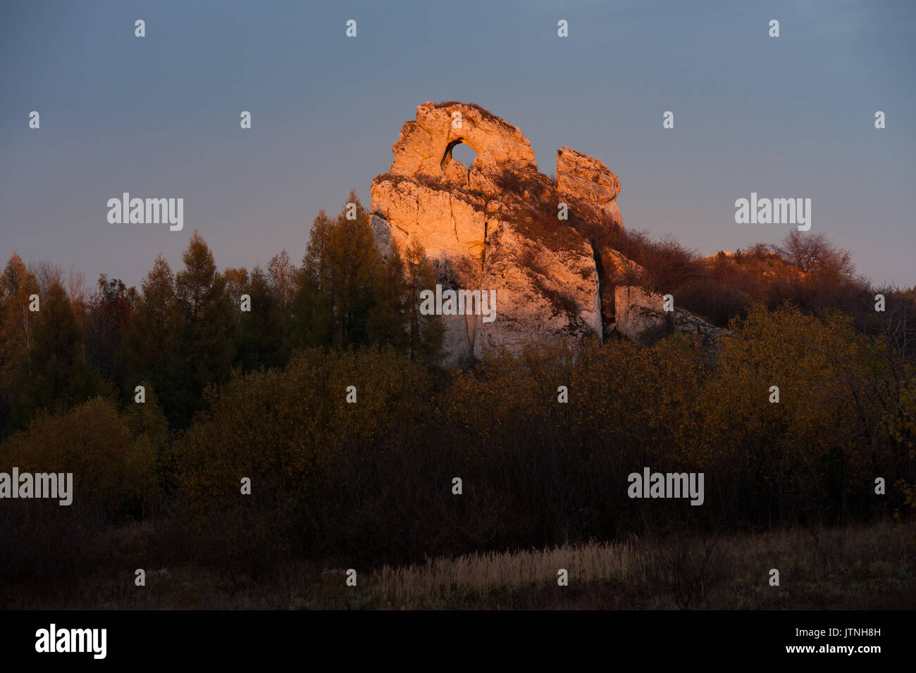 Skarzycki okiennik, l'un des plus gros rochers de jura krakowsko czestochowska, centre de la Pologne. Banque D'Images