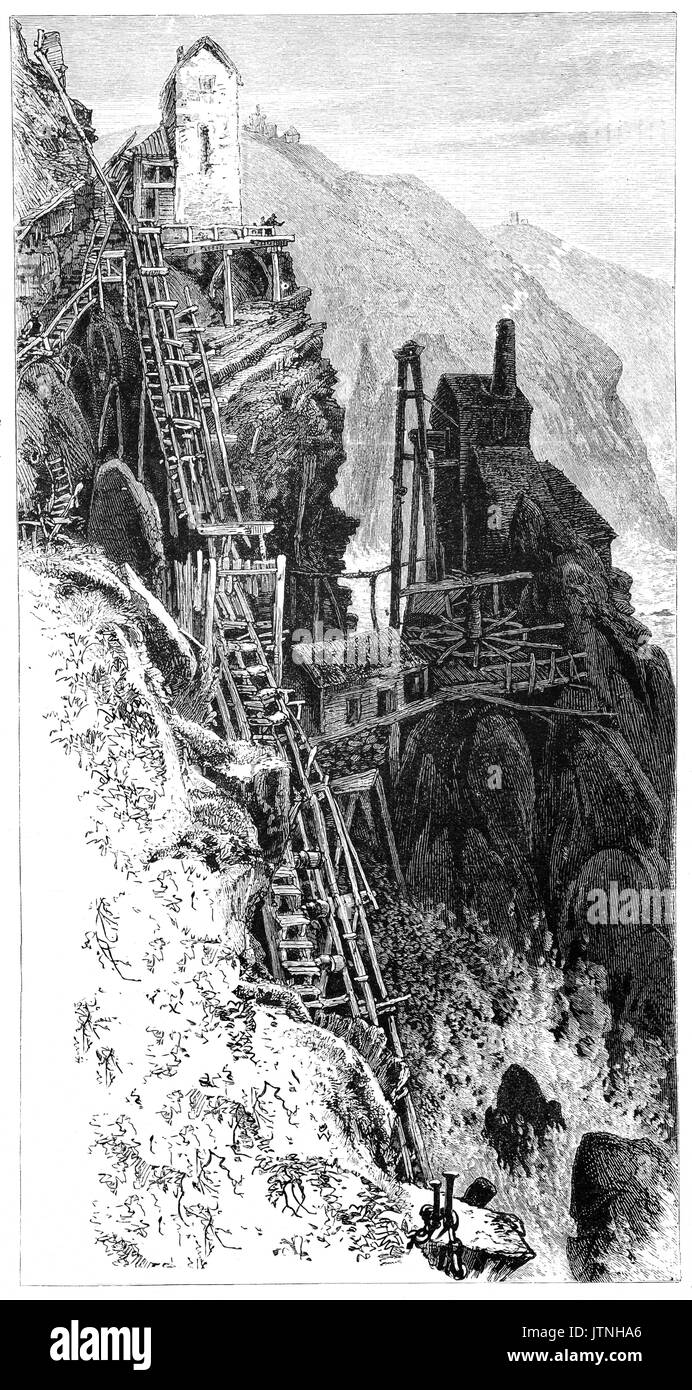 1870 : La Mine d'Botallack (Cornish : Bostalek) est une ancienne mine dans Botallack dans l'ouest de Cornwall, Angleterre, Royaume-Uni. Il s'agissait d'une mine sous-marine, avec l'extension des tunnels sous la mer, dans des lieux pour un demi-mile qui a produit environ 14 500 tonnes d'étain, 20 000 tonnes de cuivre et 1 500 tonnes d'arsenic. Dans les années 1860, un nouvel arbre diagonal a été creusé, mais fermée en 1895 en raison de la chute des prix du cuivre et d'étain. Depuis 2006 il a été inscrit au Patrimoine Mondial de l'UNESCO - Site de l'ouest du Devon et Cornwall Paysage minier. Banque D'Images