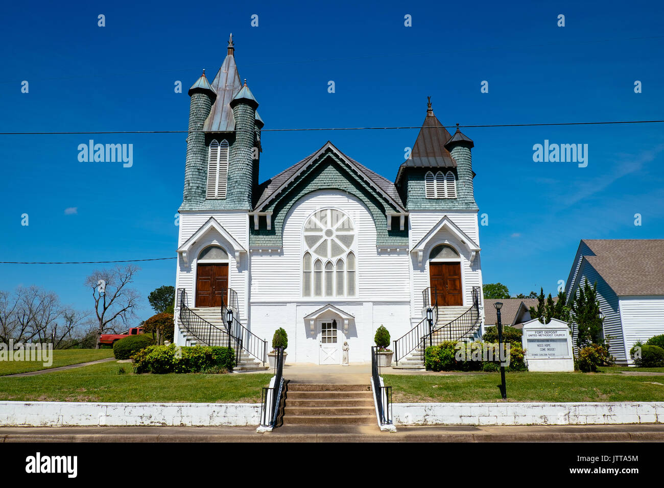 Fort-, Alabama, USA, United Methodist Church avec deux entrées, une pour les hommes et une pour les femmes, construit en 1899-1900. Banque D'Images