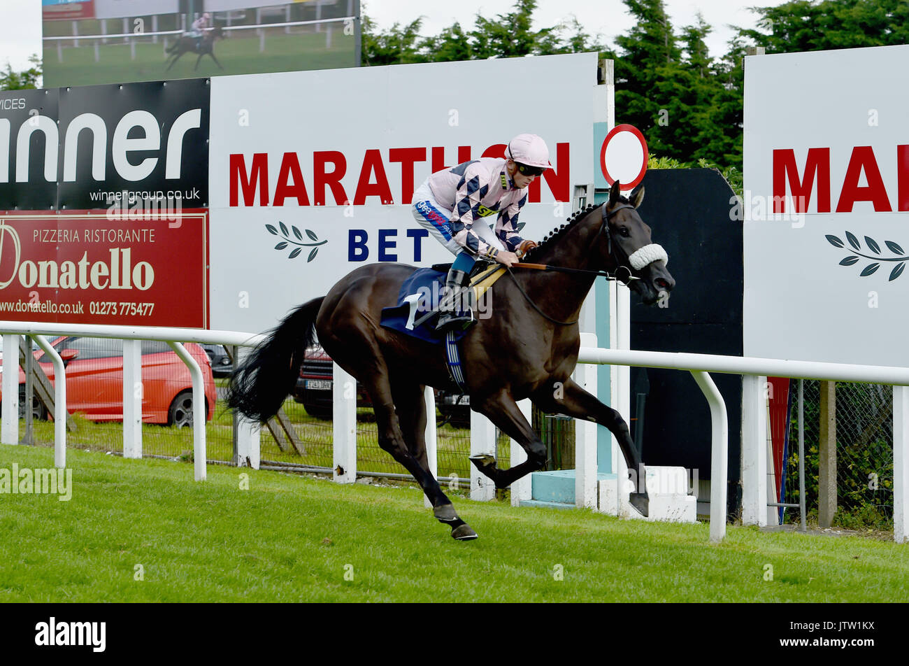 Brighton, UK. 10 août, 2017. Macaque monté par David Probert remporte la course McRace Racey à Brighton Mobile Route Courses Mesdames jour pendant le Festival de trois jours de course Maronthonbet Crédit : Simon Dack/Alamy Live News Banque D'Images